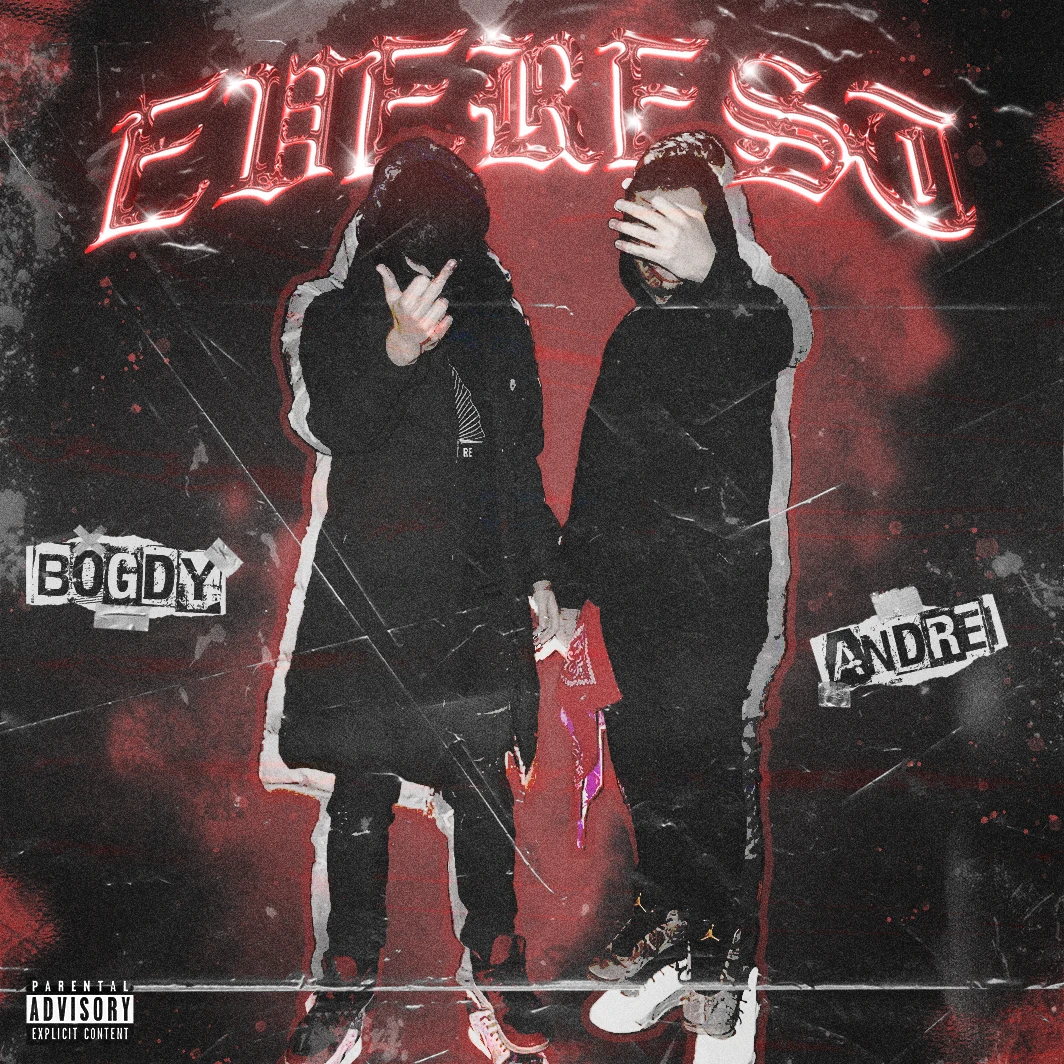 Everest cover art: Bogdy and Andrei in black hoodies, red chrome title