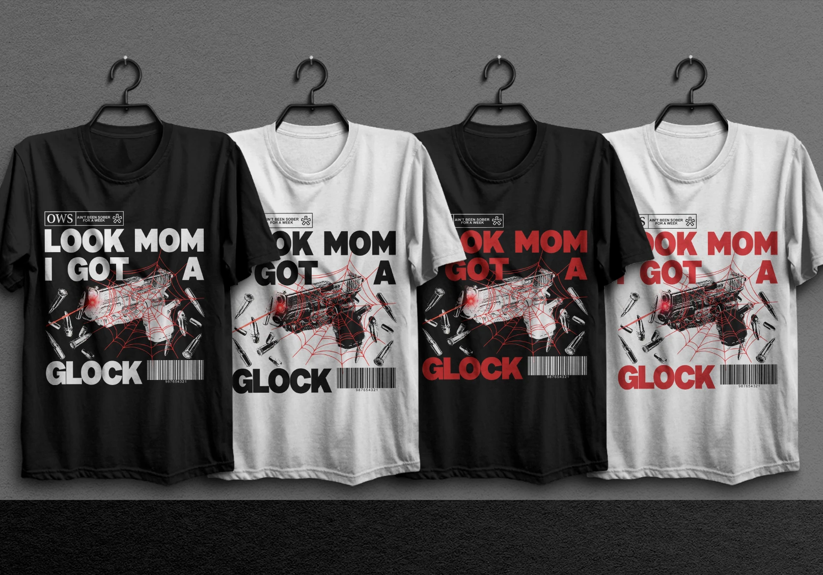 Four t-shirt mockups with the “Look mom I got a Glock” print, in black, white and red