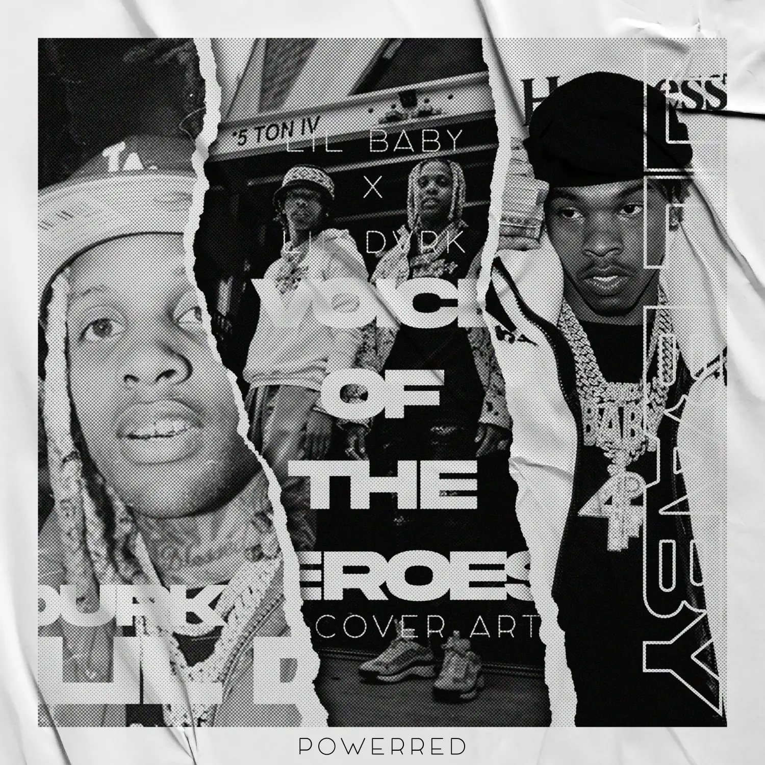Black and white torn-paper collage cover art with Lil Durk and Lil Baby, “Voice of the Heroes”