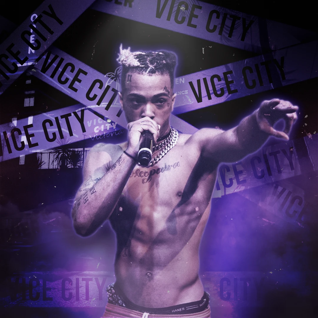 Purple XXXTentacion poster with “Vice City” tape across the background